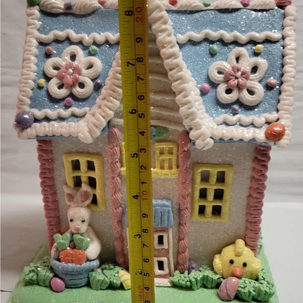 Easter Spring Clay Dough Light Up House 9” White Bunny In Glittered Gingerbread